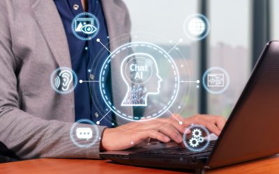 Home Office Chatting with Multifunctional AI: Man working with an artificial intelligence chat bot.