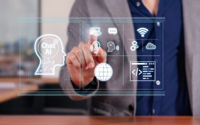 Multimodal Interaction with AI: Businessman Engaging with AI Chat that Sees, Hears, and Speaks.