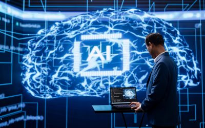 Programmer running AI cognitive computing tech on laptop